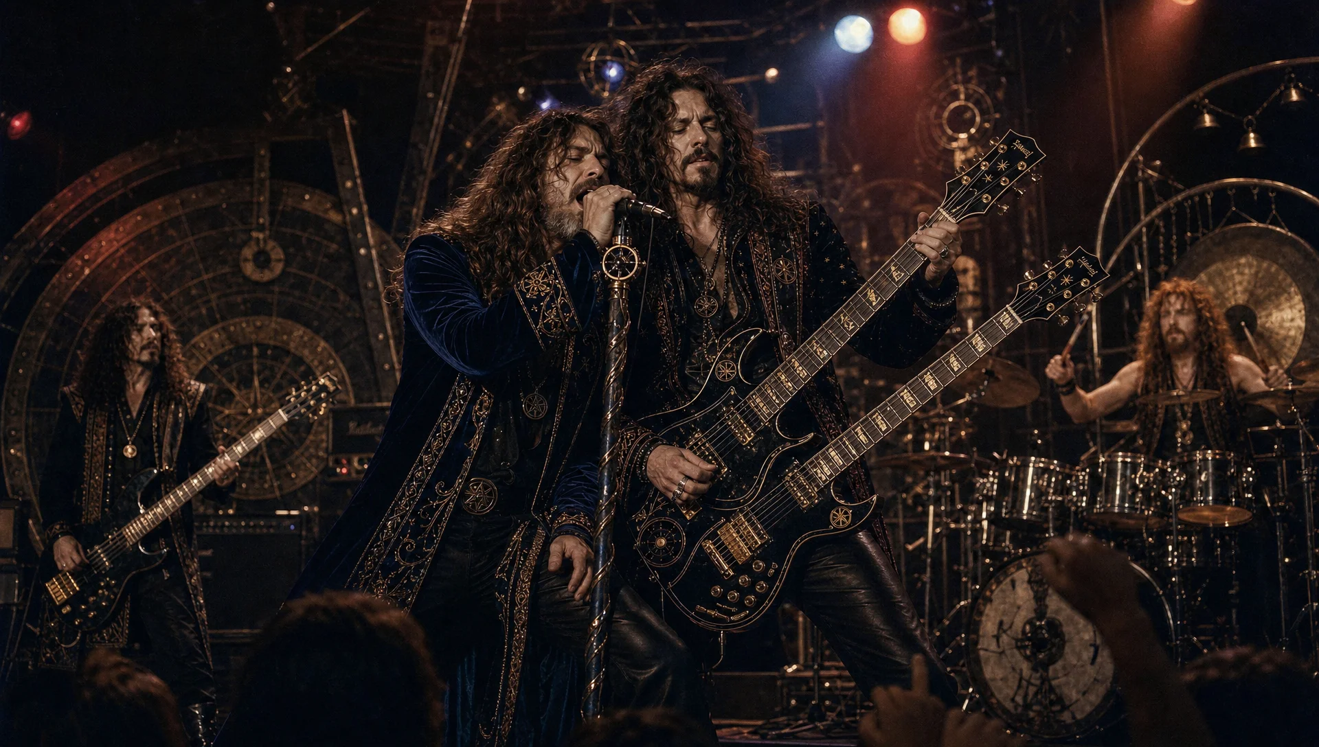 Sebastian and Rafe at the front of the Perilous Engine stage, 1982.