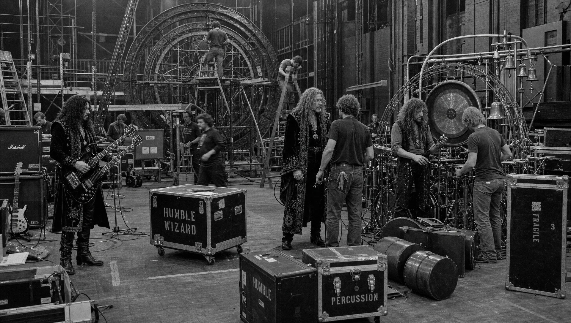 The machinery takes shape — late 1982. Humble Wizard and crew assemble the expanding Perilous Engine stage production before a performance.