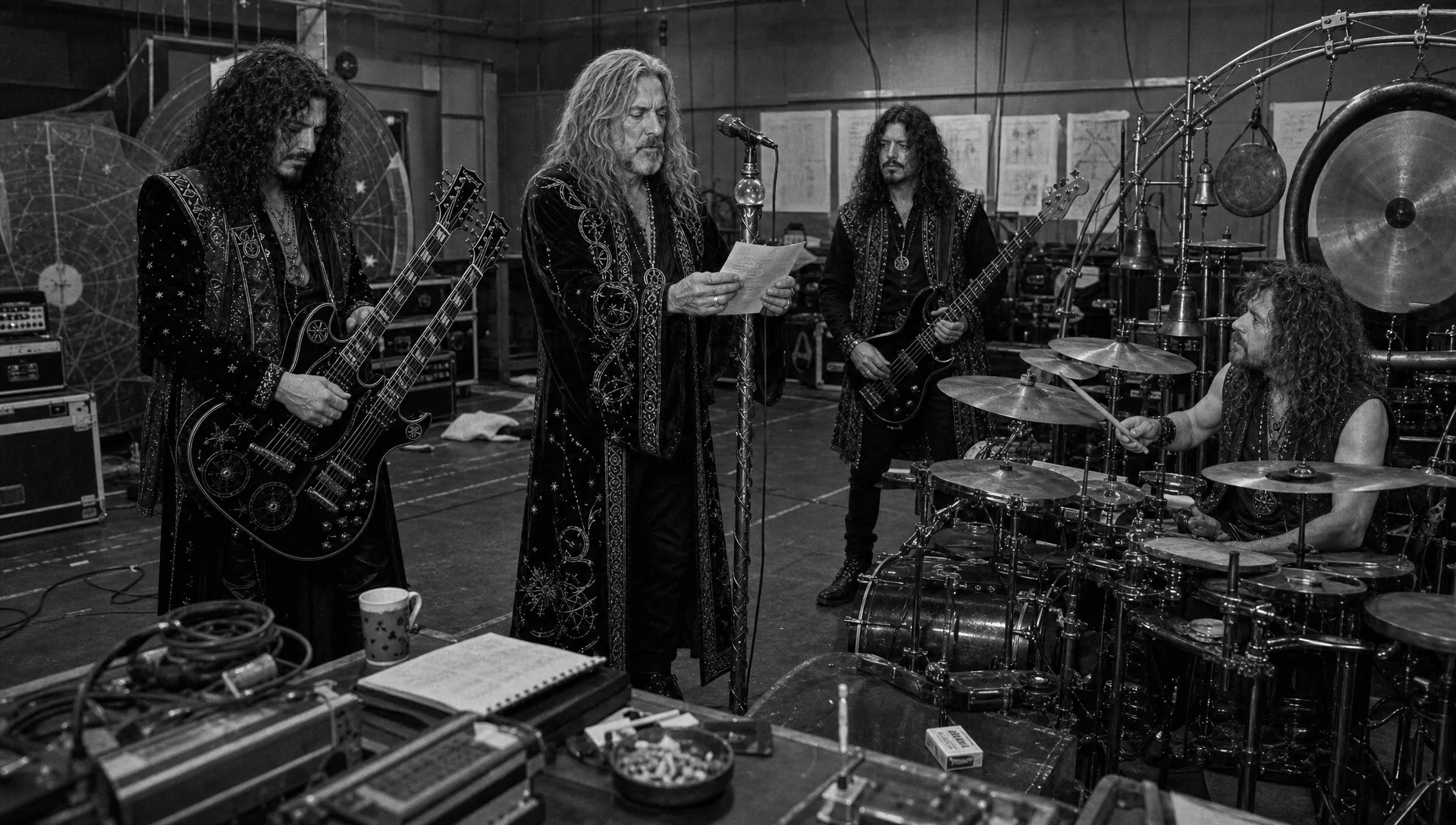Black-and-white rehearsal photograph of Humble Wizard in 1983, with Sebastian Vale reading from a sheet beside his microphone while Rafe holds his double-neck guitar, Gideon Cross stands with bass, and Dex sits at his percussion-heavy drum kit.