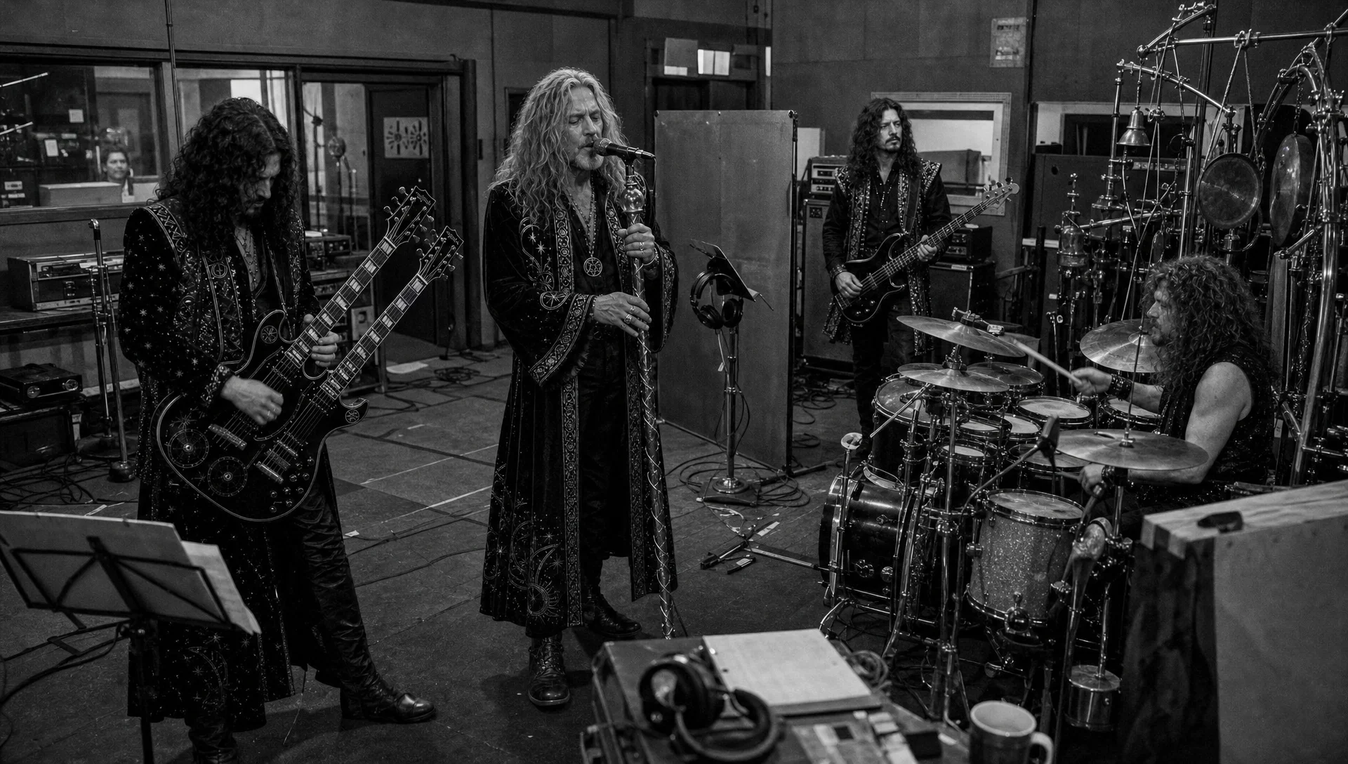 Black-and-white photograph of Humble Wizard performing in a recording studio in 1983, with Sebastian singing, Rafe on double-neck guitar, Gideon Cross on bass, Dex playing drums and percussion, and an audio engineer visible through the control-room window.