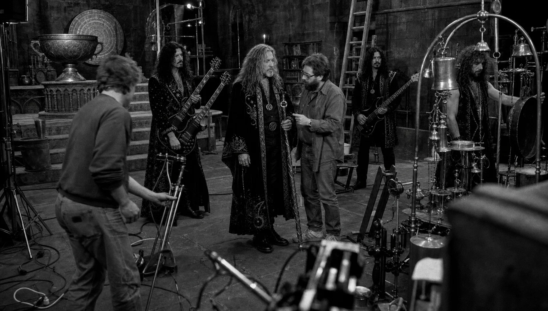 Black-and-white behind-the-scenes photograph from the 1983 Alchemy at the Summit film set, with Sebastian Vale talking to a crew member while Rafe, Gideon Cross and Dex wait among instruments, stage props and production equipment.