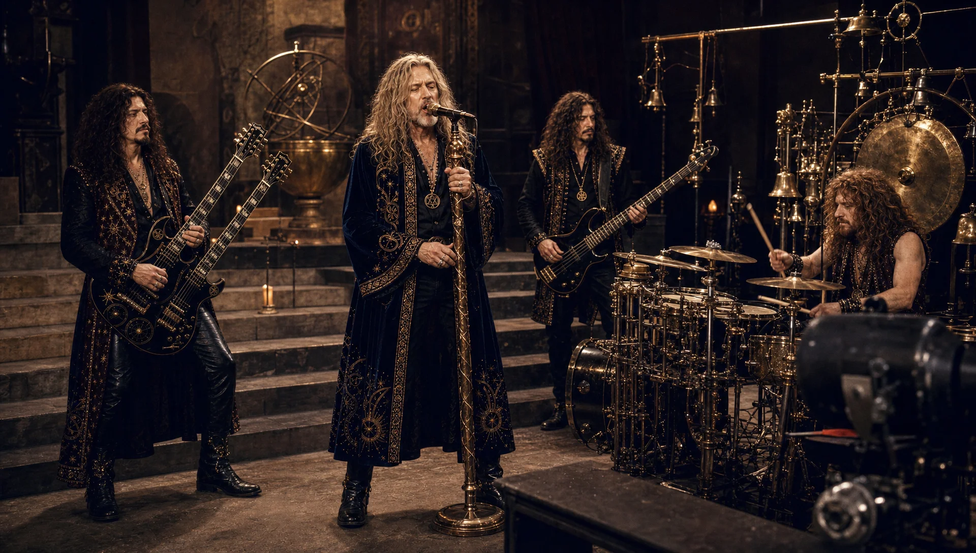 Color production photograph of Humble Wizard performing on the elaborate Alchemy at the Summit set in 1983, with Sebastian singing at center, Rafe playing double-neck guitar, Gideon Cross on bass and Dex surrounded by drums, bells and large percussion instruments.