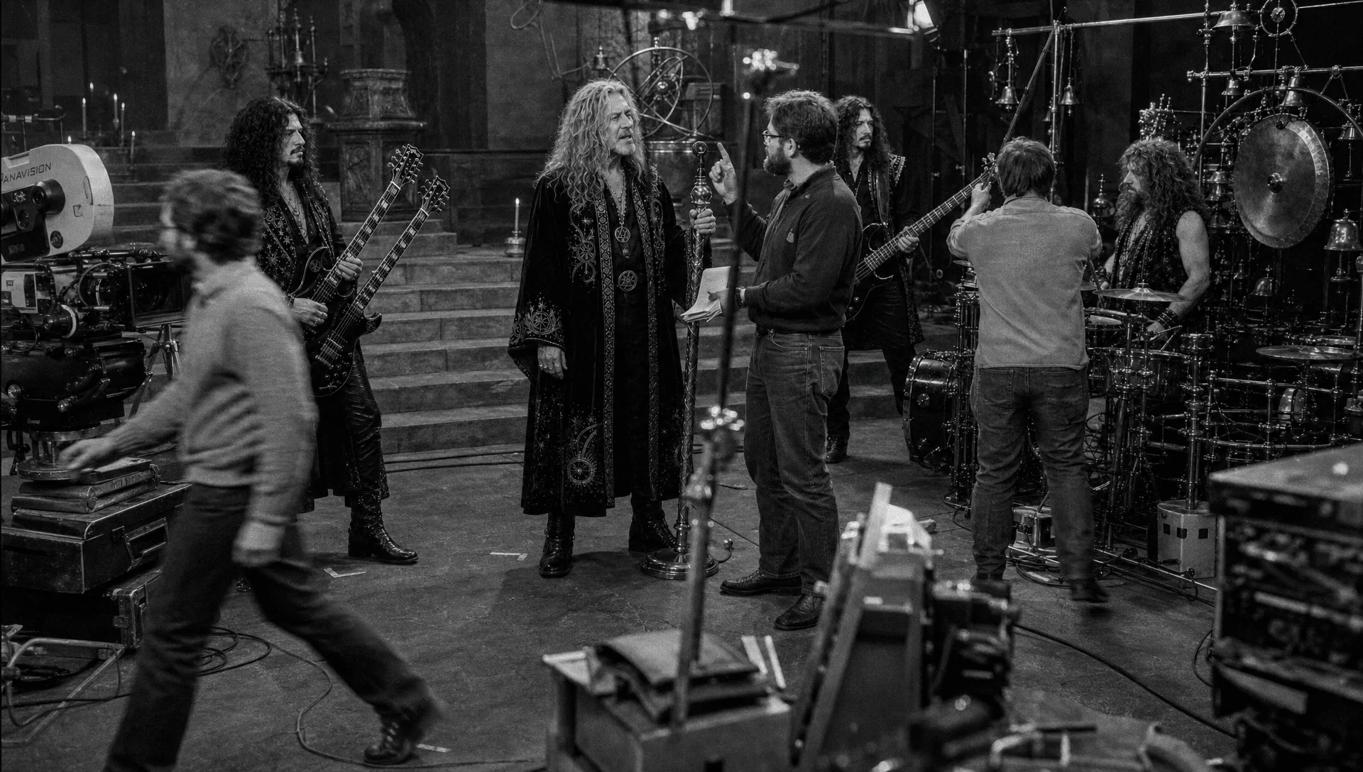 Black-and-white behind-the-scenes photograph of Humble Wizard on the Alchemy at the Summit film set, with Sebastian talking to a crew member, Rafe holding his double-neck guitar, Gideon Cross with bass, Dex beside his drum kit, technicians working around them and a large film camera visible at left.