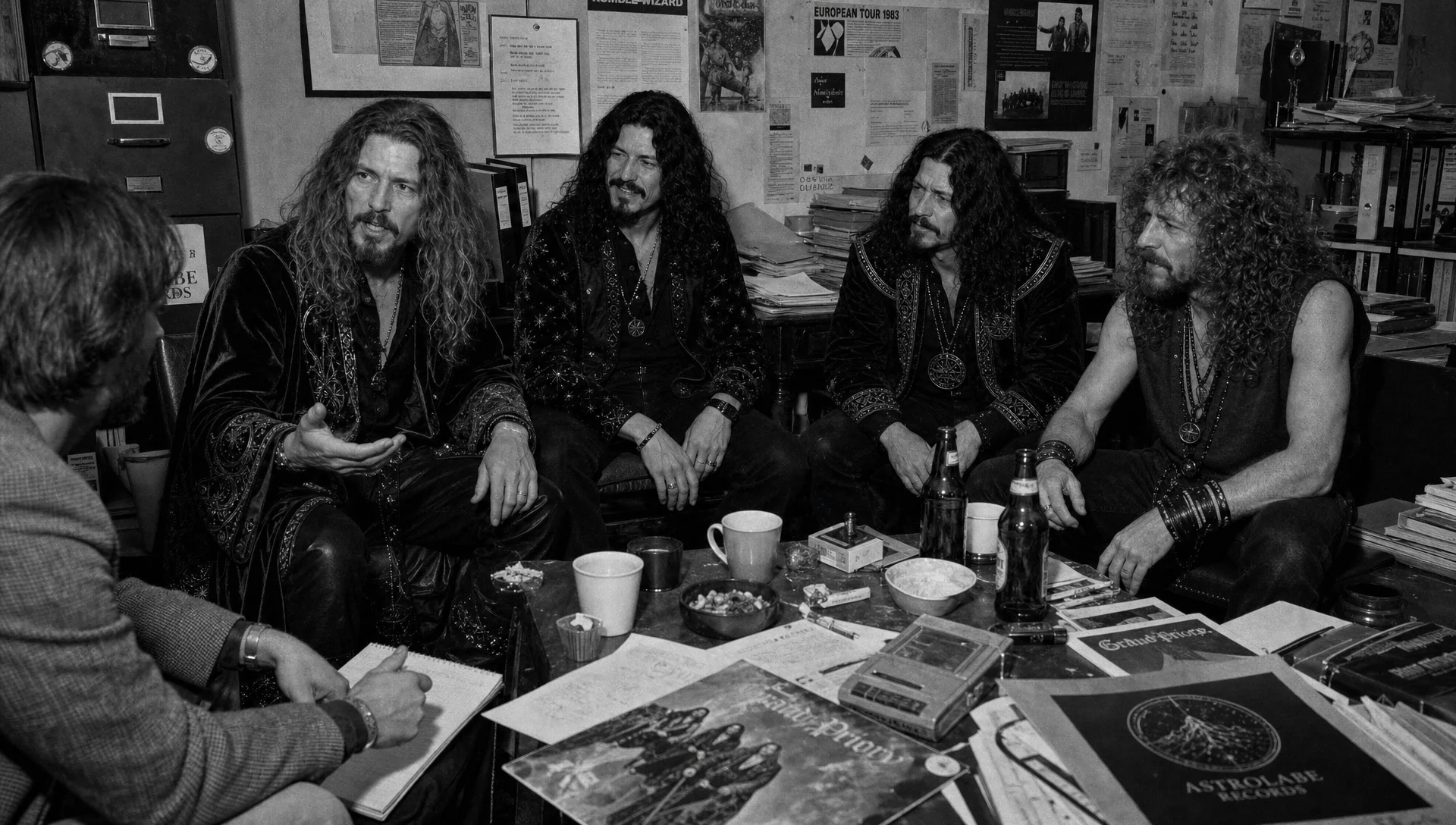 Black-and-white candid photograph of Humble Wizard being interviewed in a cluttered Astrolabe Records office in 1983, with an interviewer facing Sebastian, Rafe, Gideon Cross and Dex across a table covered with papers, photographs, drinks and recording equipment.