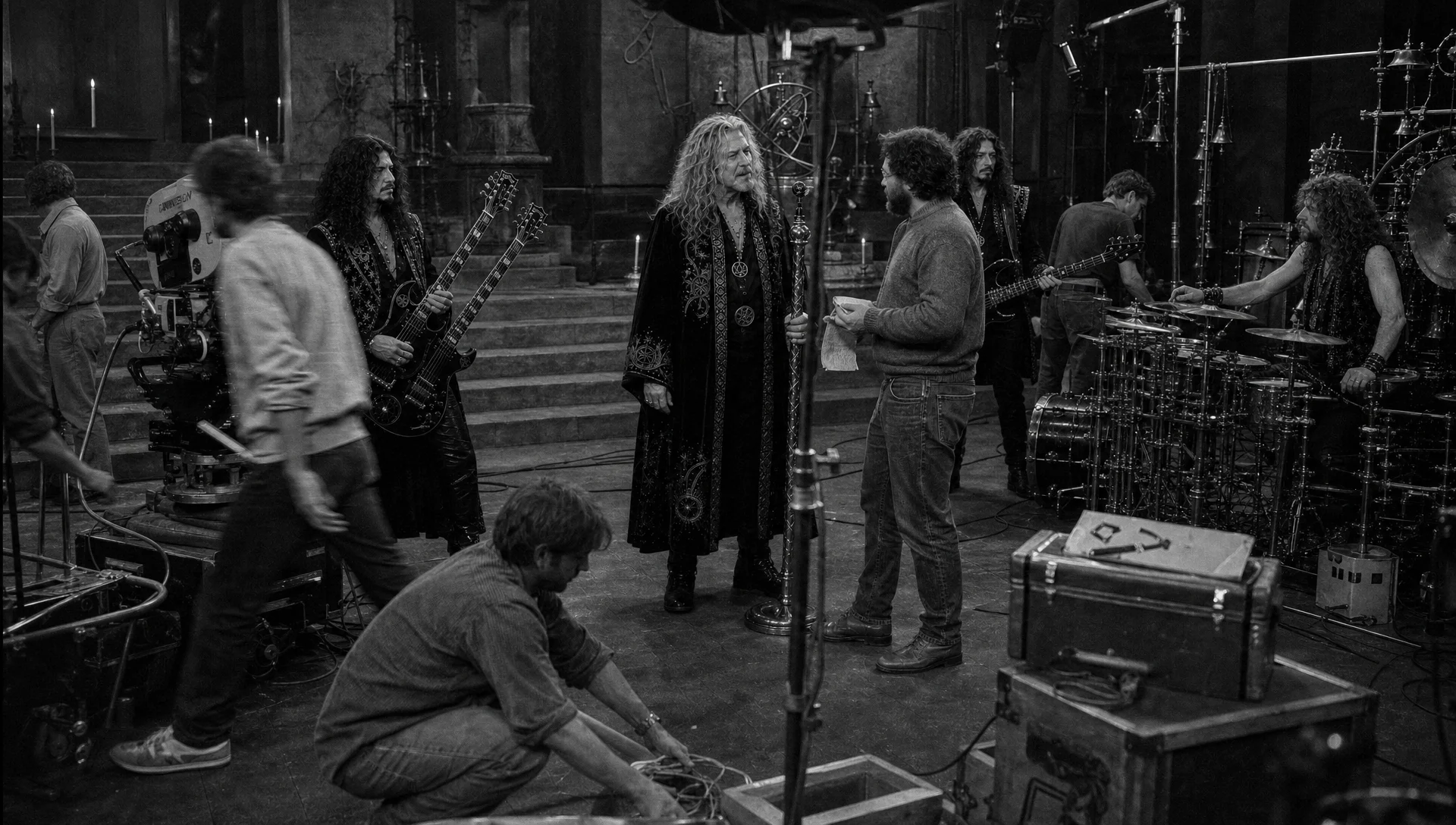 Black-and-white candid photograph of Humble Wizard on the set of Alchemy at the Summit in 1983, with Sebastian speaking to a crew member, Rafe holding his double-neck guitar, Gideon standing behind with his bass, Dex beside his percussion rig, and a Panavision film camera visible at left.
